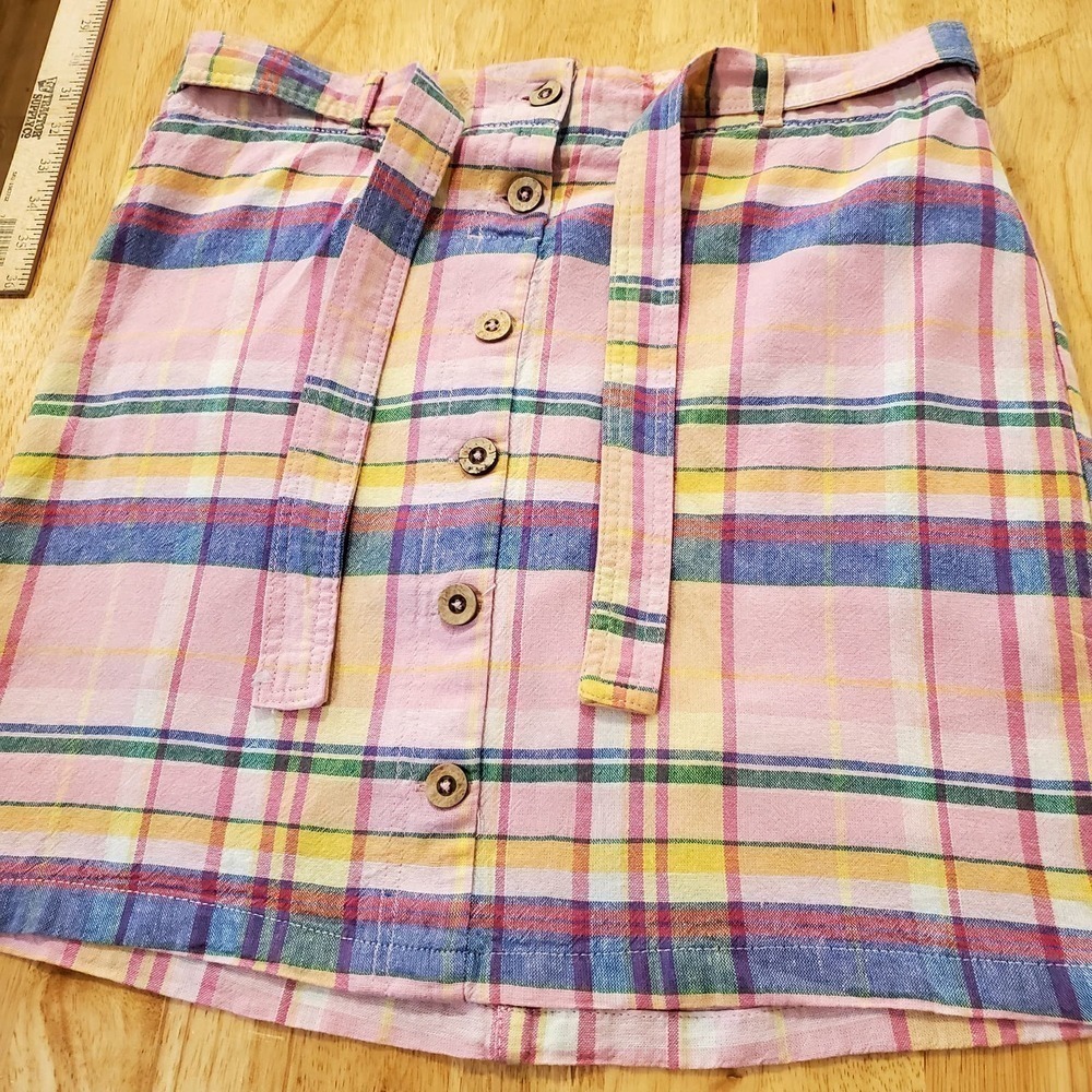 Dash Pink Plaid Elastic Waist Button Front Mini Linen Tie Waist Medium